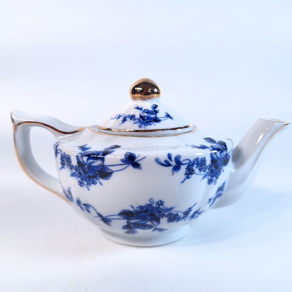 Adeline Blue White Floral Miniature Teapot Gold Trim Fine Porcelain Gift Box